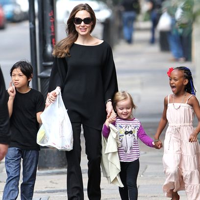 Angelina Jolie with Takes a Walk with Pax, Zahara, and Vivian in New Orleans