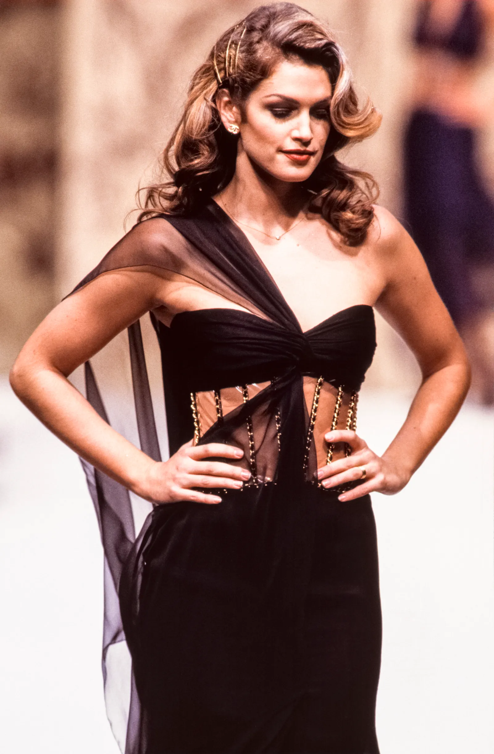 Характеризираща се с грациозно едно рамо, прозрачна част и дискретен шлейф, всъщност роклята е част от колекцията Haute Couture пролет/лято 1993, проектирана от покойния Карл Лагерфелд.